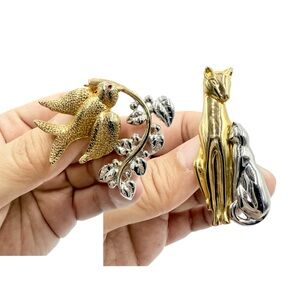 Vintage Gold & Silver Tone Animal Brooch Set – Swallow Bird, Dog & Cat